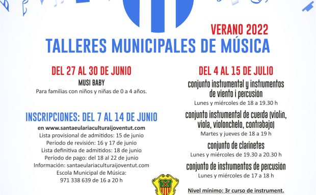 Abiertas las inscripciones para los talleres de verano de 2022 de la Escuela de Música de Santa Eulària