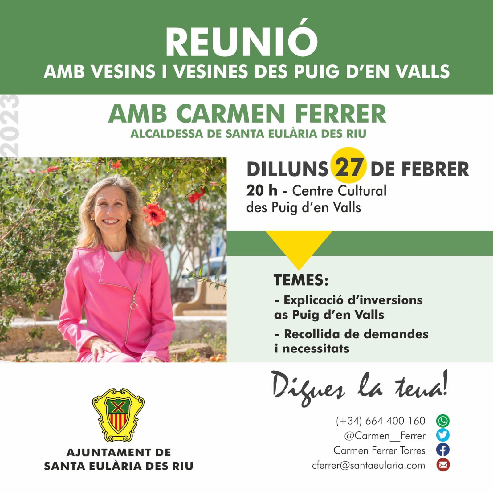 'Digues la Teua' obert a tot el poble des Puig d'en Valls el 27 de febrer amb Carmen Ferrer