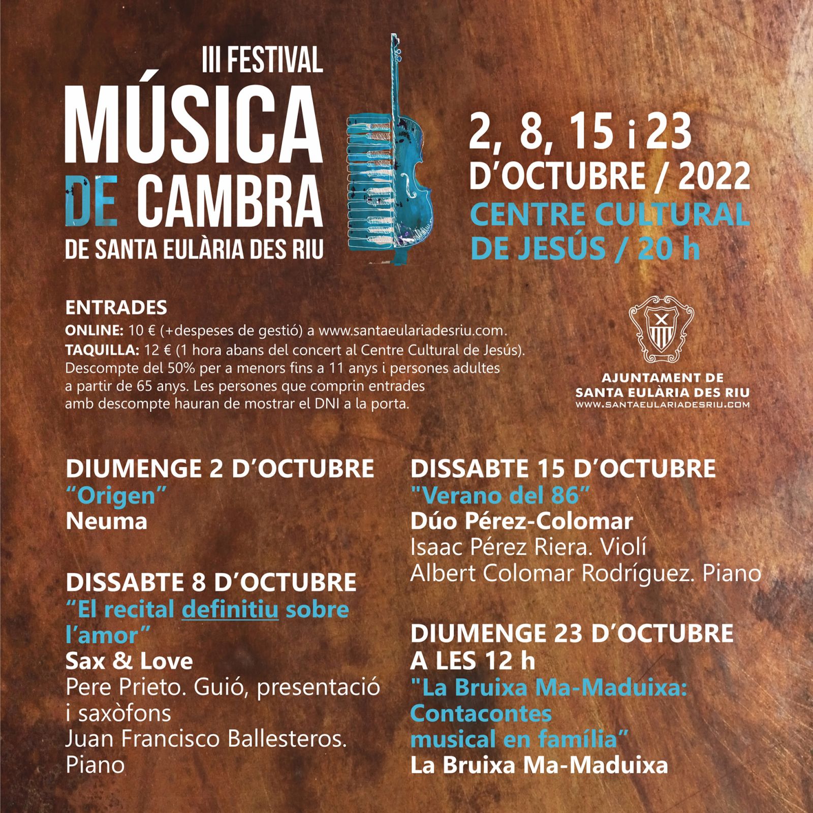 El Centre Cultural de Jesús acogerá en octubre tres conciertos y un cuentacuentos musical en familia del III Festival de Música de Cambra