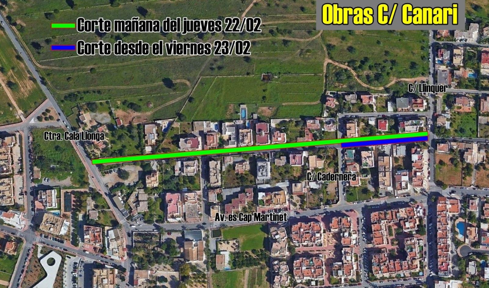 El jueves se inician los trabajos previos a las obras de la calle Canari por lo que la vía se cortará temporalmente entre la carretera de Cala Llonga y la calle Llinquer