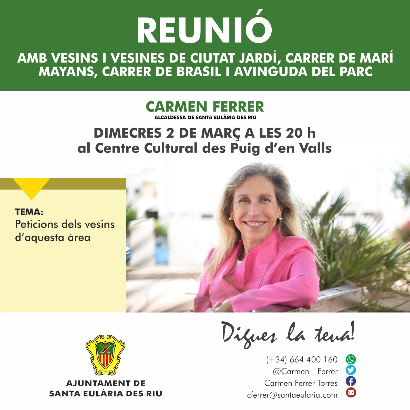 Carmen Ferrer se reunirá con vecinos de la zona urbana de es Puig d'en Valls el 2 de marzo